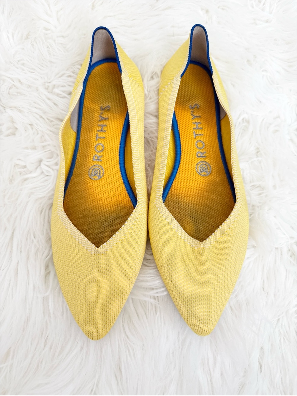 Rothy's Yellow Pointed-Toe Knit Flats with Blue Trim
